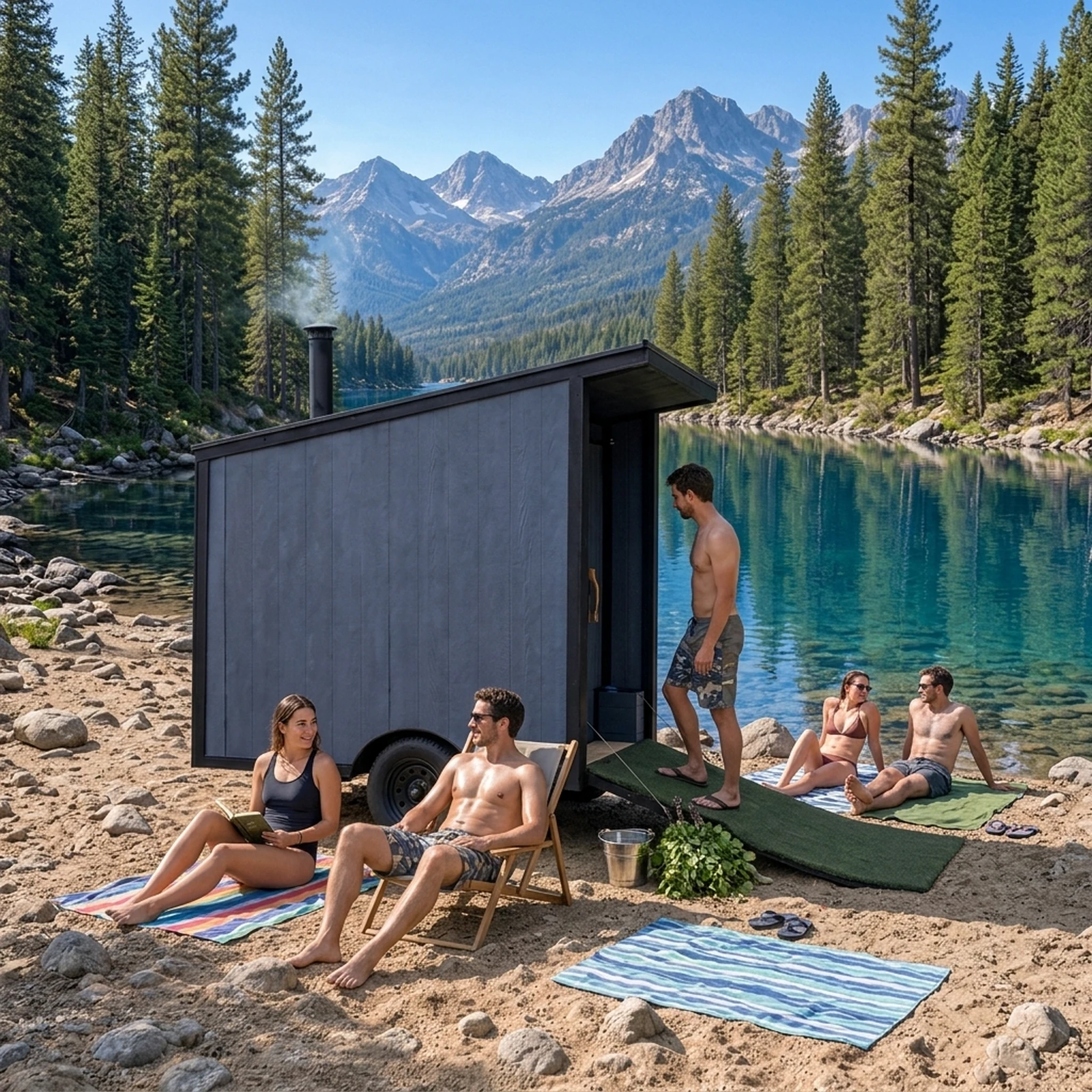 Person sitting beside a mountain lake at sunset with a glowing wooden mobile sauna nearby