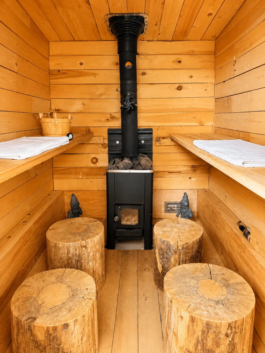 Warm cedar interior of the sauna with a wood-burning stove and log stools